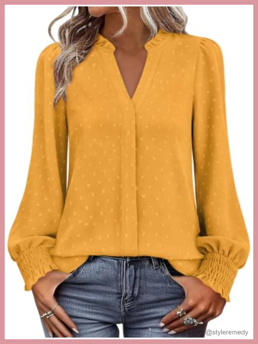 Women's Long Sleeve Boho Blouse - Swiss Dot Chiffon V-Neck Flowy Dressy Casual